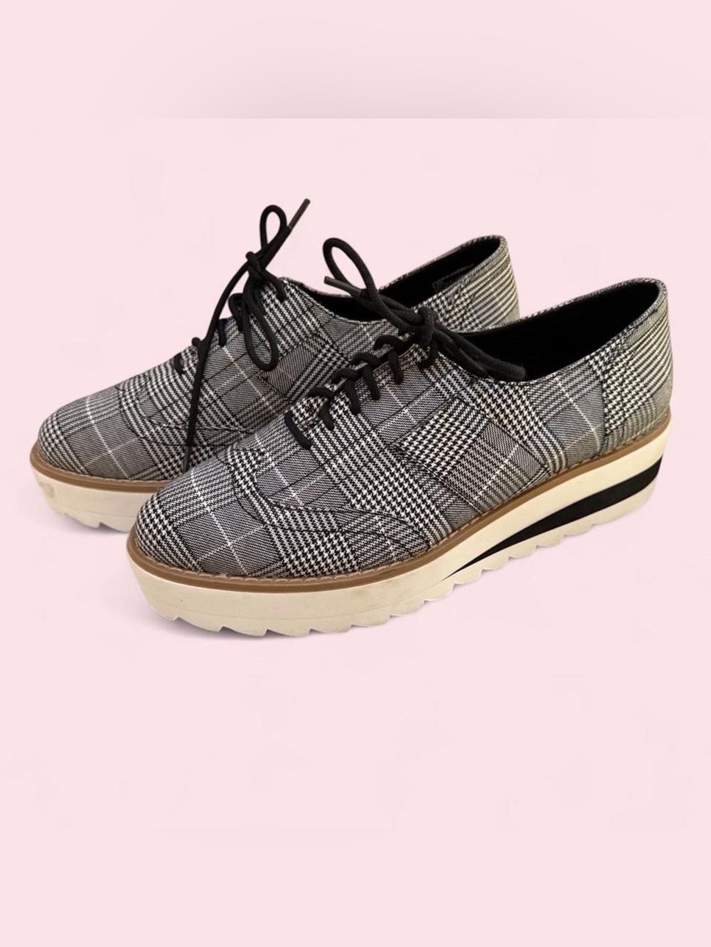 Madden Girl Plaid Lace-Up Platform Oxfords - Black/White/Tan